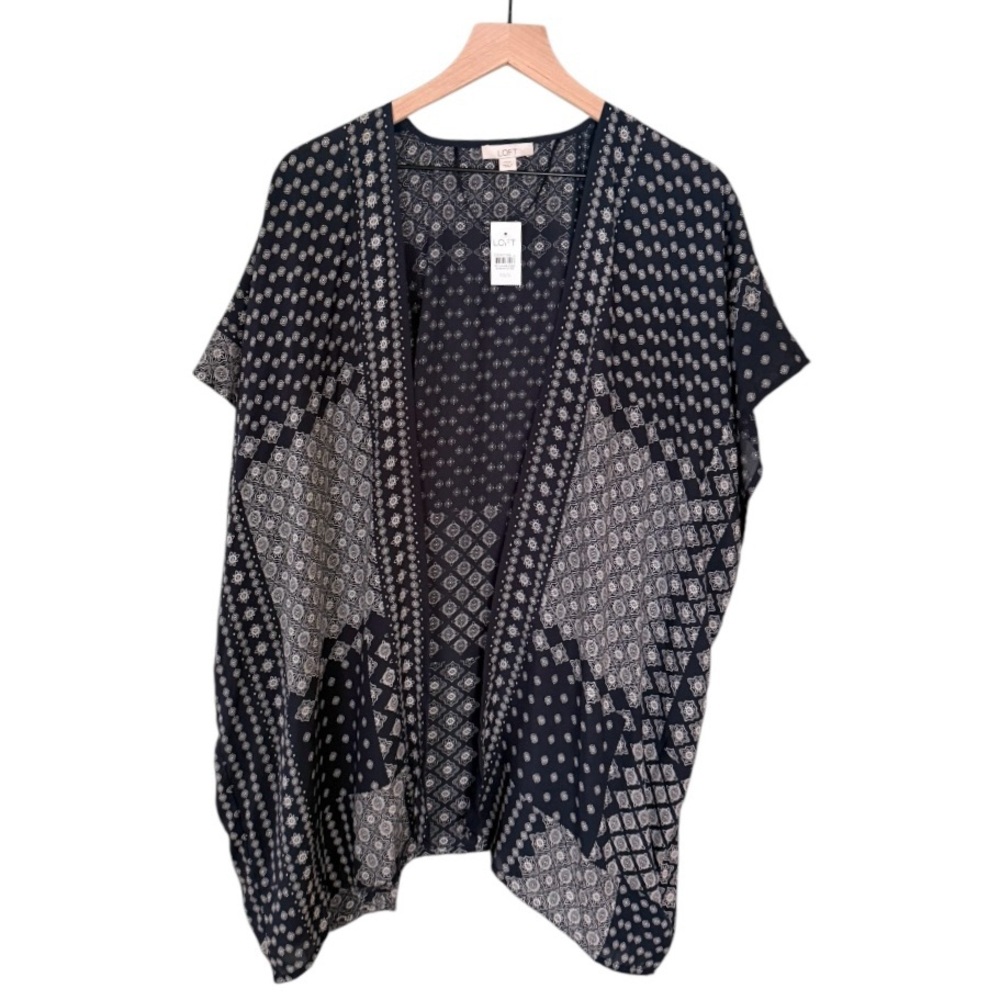 NWT Loft‎ Floral Geometric Pattern Short Sleeve Open Front Kimono Top Blue XS/S